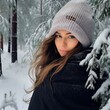 Using the same girl in the image, wintery background, pine tree covered in snow, close up