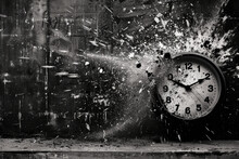 The Concept Of "Time Is Running Out" Is Depicted Through An Image Of A Black And White Wall Clock Disintegrating Into Minute Particles.