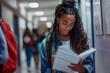 © InputUX - Young female student deeply engrossed in reading a textbook in a busy school hallway, signifying dedication to education.