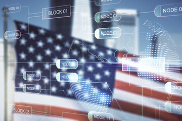 Wall Mural - multi exposure of abstract software development hologram and world map on usa flag and blurry skyscr