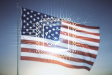 Wall Mural - virtual creative artificial intelligence hologram with human brain sketch on us flag and blue sky ba