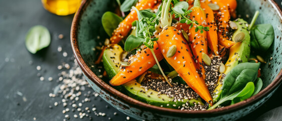 Wall Mural - A vibrant salad bowl filled with fresh greens, roasted carrots, and avocado slices, sprinkled with sesame seeds for a healthy crunch