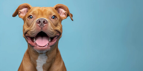 Full length portrait of an excited American Bully dog on a solid pastel blue background 