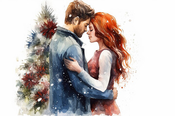 Wall Mural - a watercolor illustration of a couple in love against a festive New Years background.