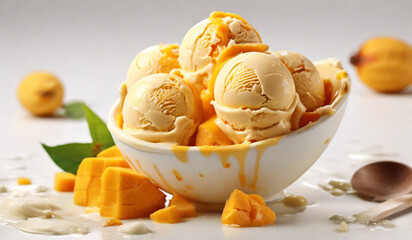 rounded scoop mango ice cream, top view on white background, photorealistic no cone