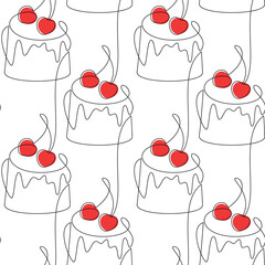 Hand drawn repeated seamless pattern vector. Cherry cake cupcake muffin. Linear desserts backdrop. Line continuous illustration. Kitchen wallpaper, background, print, card, banner.