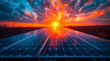 stunning sunset with vibrant orange and blue skies over a large field of solar panels