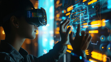 Wall Mural - a dynamic shot of a programmer wearing augmented reality glasses, manipulating virtual code in the a