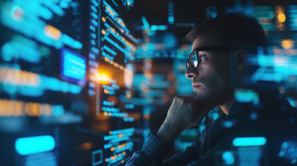 Wall Mural - a programmer brainstorming ideas on a transparent digital screen, surrounded by floating code elemen