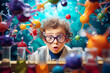 Surprised Child Boy Observing Colorful Chemical Reaction