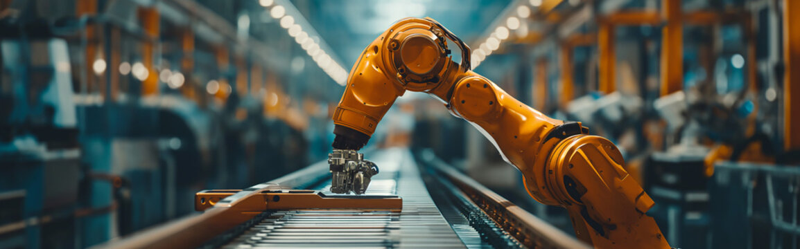 An unmanned automatic factory production robot performs manufacturing in the factory.