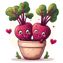 Wall Mural - Cute cartoon characters. beetroot couple in a pot hug. happy valentines day or Mother's Day. can be used as cards isolated on white background.
