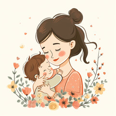 Sticker - mother holding baby with love and care illustration , hugging , love, cards , flowers and plants in background