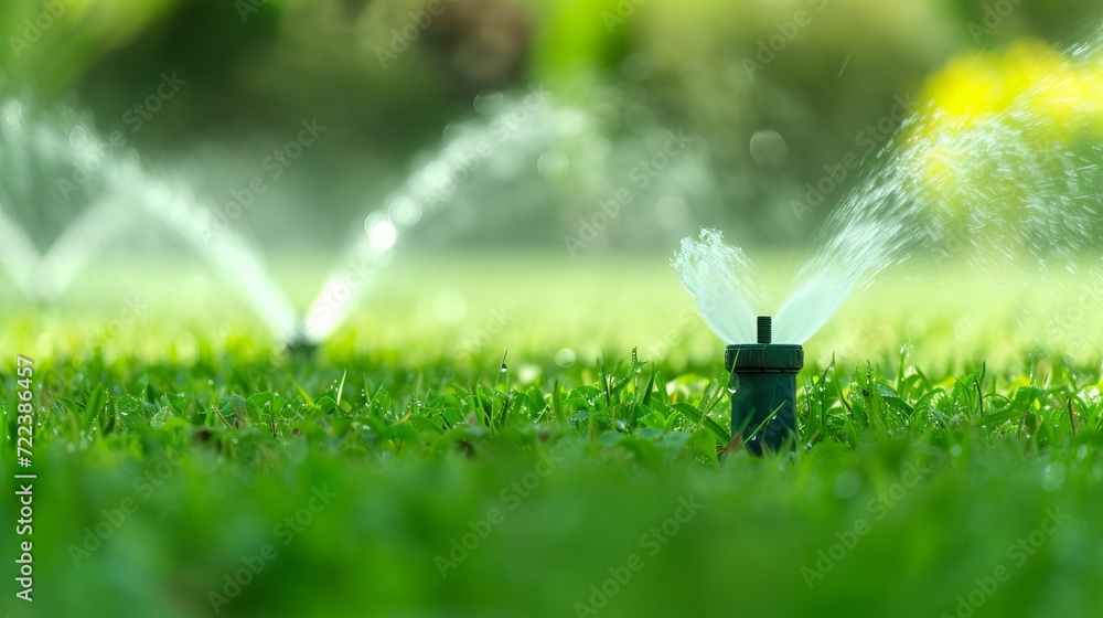 Automatic sprinkler system watering green grass and lawn in a beautiful ...