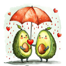 Set Of Cute Avocado Characters With Emotions Isolated On White Background. Valentines Day Avocado Couple In Love With Red Umbrella, Red Heart Petals Shower