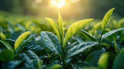 Wall Mural - Green tea plantation at sunrise time,nature background.