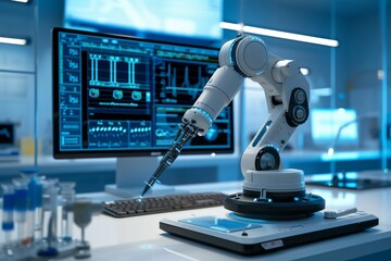 Wall Mural - Industrial robotic arm performing tasks on a control panel. Futuristic robotic and automation concept. Modern laboratory setting. High-tech robot. Science and research