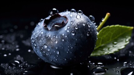 Canvas Print - A vibrant blueberry glistens with water droplets on a sleek black background. Generative AI.