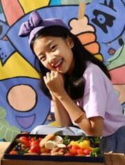 Poster - A cheerful Chinese girl smiles while holding a tray of fresh vegetables, surrounded by snacks. Generative AI.