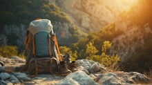 The Early Morning Sun Illuminates A Hiker’s Backpack And Boots, Resting Atop A Mountain Summit With A Breathtaking View