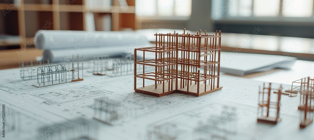 Wooden frame house model under construction on blueprints building ...