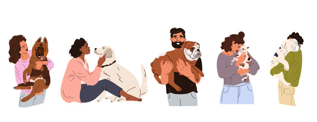 set of happy pet owners with dogs and a cat. collection of people playing, holding, hugging animals.