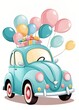 © Tatiar - A car on a white background. There are a lot of colorful balloons and a stack of gift boxes on the roof of the car.