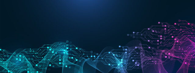 Poster - Quantum computer technologies concept. Futuristic blue circuit board background vector. Modern technology circuit board texture background design. Waves flow. Quantum explosion technology.