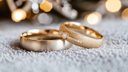 Close up shot of two gold wedding rings on soft blue bokeh background with copy space