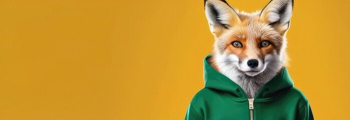 Portrait of a beautiful fox in a green hoodie looking directly into the camera on a yellow isolated background. A fashionable fox on a banner with space to copy. Generative AI.