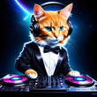 cat with headphones and suit, working as dj in a club, AI
