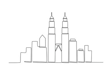 Single continuous line drawing of Kuala Lumpur city skyline, Malaysia. Famous city landscape. World travel concept home wall decor art poster print. Modern one line draw design vector illustration