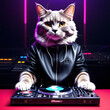 cat with headphones and turntable, working as dj in a club, AI