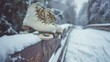 Vintage skates hang on laces on a wooden fence on snowy winter background. Generated AI