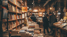 Cozy Bookstore, Shelves Overflowing With Books, "Sale" Section Highlighted, Warm And Inviting Atmosphere, Soft Lighting, Customers Browsing Through Books