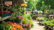 
seasonal sale at a garden center, colorful array of flowers and plants, 