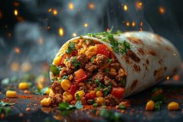 A juicy breakfast burrito is cooked on the table. The concept of delicious food