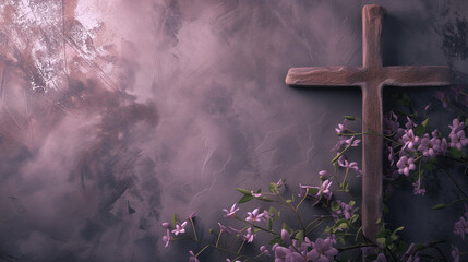 Wall Mural - Background adorned in shades of gray and purple, featuring a solemn cross accompanied by delicate flowers, creating a harmonious tableau that reflects the spirit of reverence and reflection