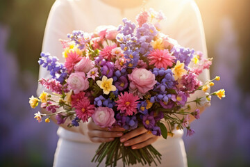 Womans hands holding spring flowers bouquet in her hands, against the sun, blurred background