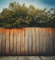 Wall Mural - Wooden fence with trees and sky background. Generative AI.