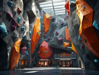 Sticker - A large indoor climbing wall with colorful rocks. Generative AI.