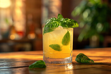 Glass of organic lime lemonade with basil.