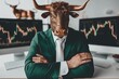 Anamorphic bull in green suit with rising candlestick charts, trading volatility, recession concept