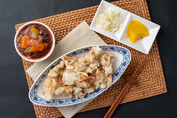 Wall Mural - Chinese food, black bean sauce noodles with minced meat, beef mushroom  sweet and sour pork, Chinese shrimp, deep-fried pork in sweet rice batter with sweet and sour sauce