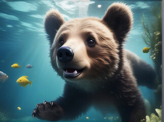 A cute brown bear cub swims underwater. AI generated.