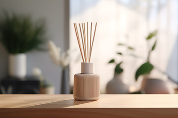 a scent diffuser bottle. home fragrance in the form of aromatic perfume. modern interior on blurred 