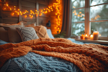 Wall Mural - Knitted orange blue plaid with cushions on the bed in a cosy bedroom with lights on the wall