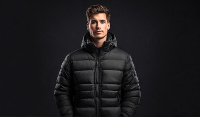 Wall Mural - A man wearing high end puffer jacket, young adult, black , plain background