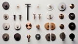 Fototapeta  - Various modern cabinet knobs and handles on white background. Top view. Concept of interior design, home decor, hardware, modern furnishing.