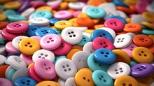 Multicolored Sewing Buttons Spread Out In Abundance. Close Up. Concept Of Sewing, Crafting, Tailoring, Colorful Design, Clothing Repair, Hobbies.